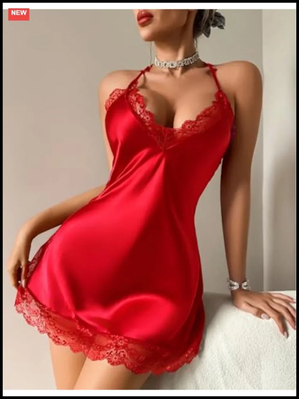 Satin Lace Chemise Deep V Halter Babydoll Sleepwear Women's Lingerie Nightgown